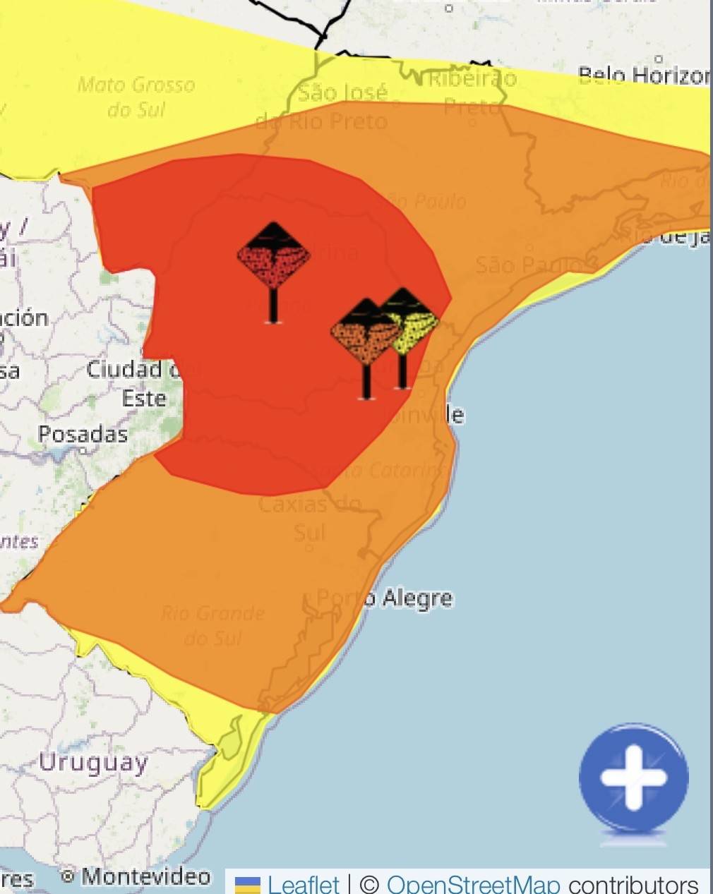 Ciclone extratropical e alerta de tornados afetam Paraná e Santa Catarina até sábado Mapa do Brasil e países vizinhos com áreas coloridas indicando risco de incêndio.