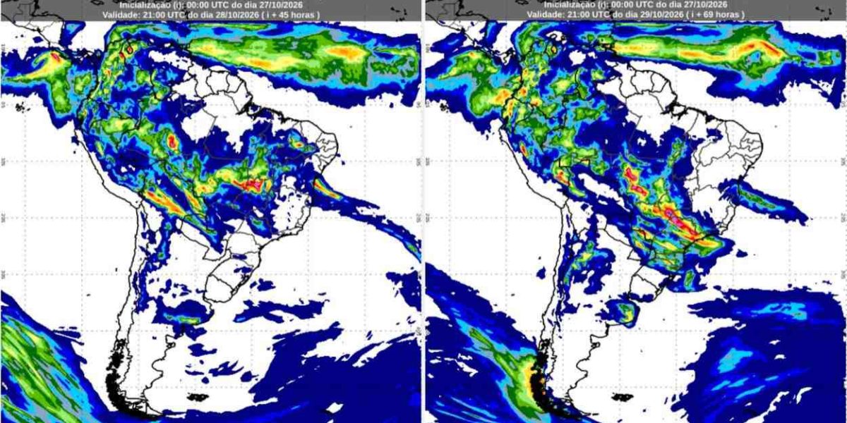 Previsão do tempo para o Sul: chuvas e risco de temporais entre quarta (28/10) e quinta-feira (29/10)