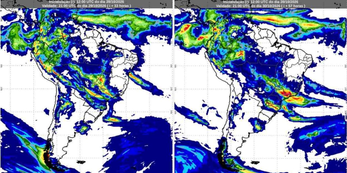 Previsão do tempo indica chuvas e trovoadas na Região Sul para quinta e sexta-feira, com temperaturas amenas em Curitiba, Florianópolis e Porto Alegre